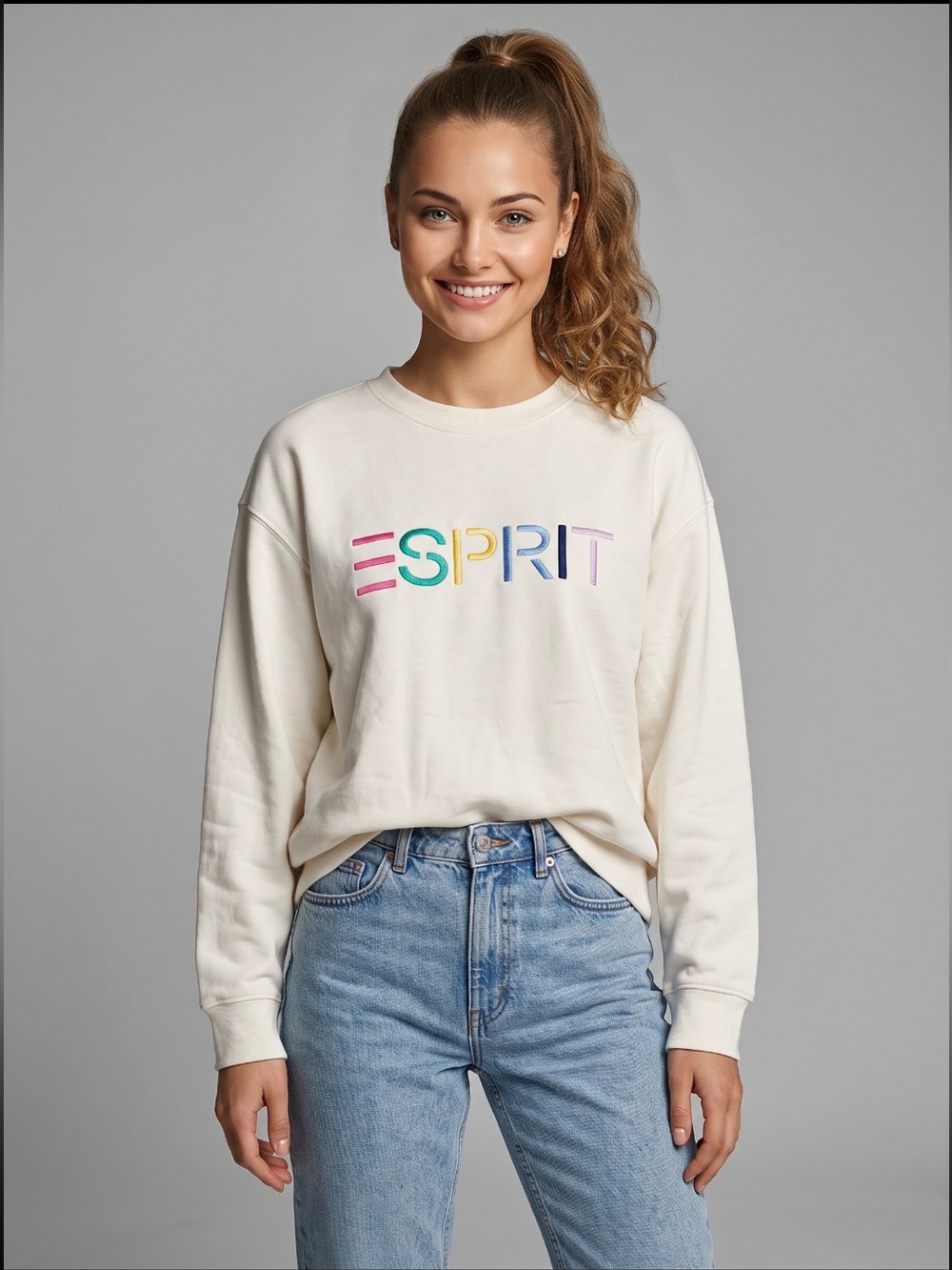 🌻NEW w/tag ESPRIT Cream Fleece Sweatshirt Multicolor Embroidered Logo Size Med.